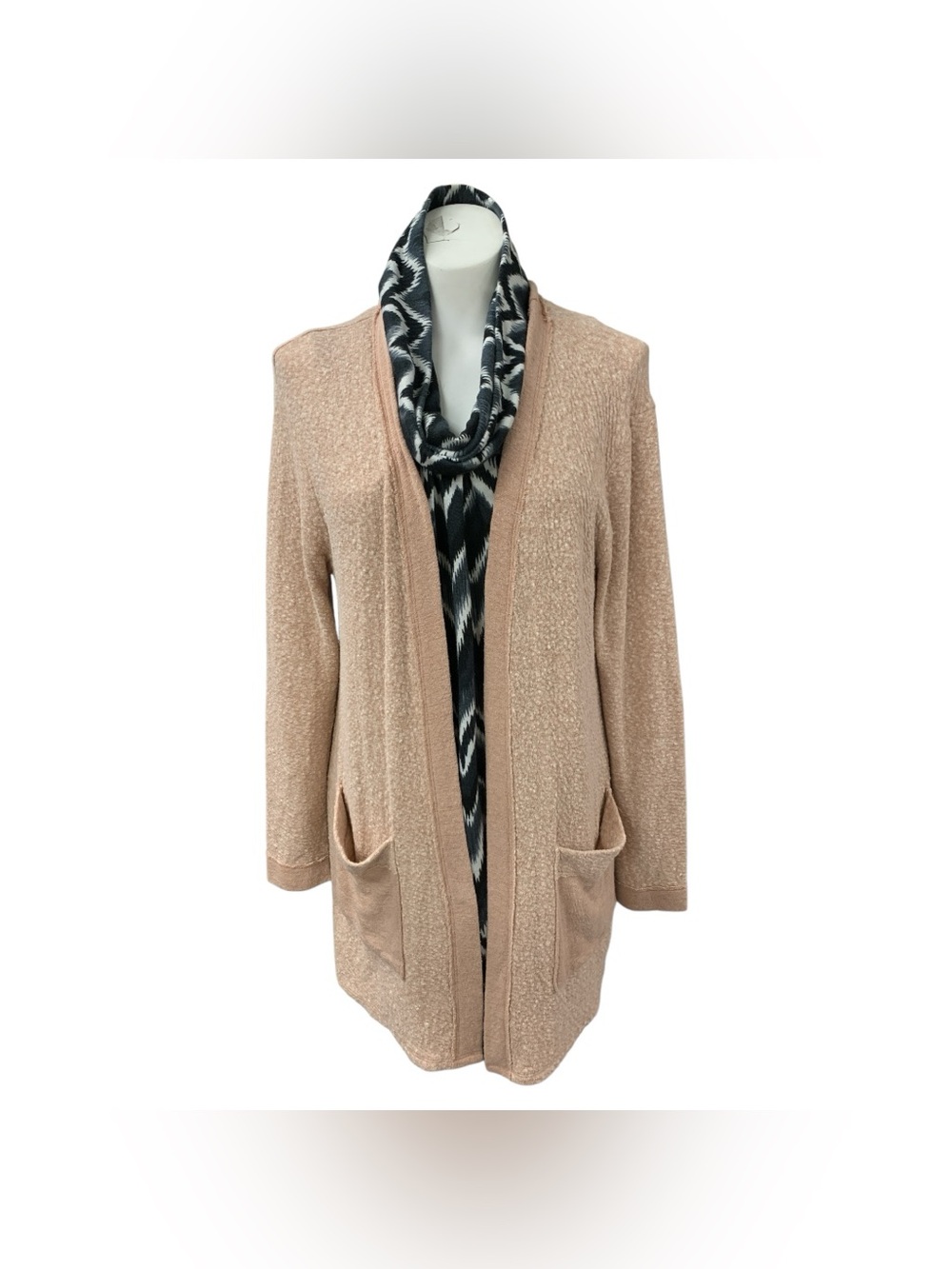 Shannon Passero Blush Pink Open-Front Cardigan with Black & White Infinity Scarf